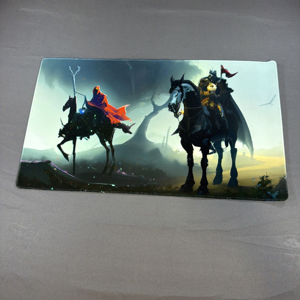 fantasy concept artwork featuring a cloaked rider and a knight Playmat